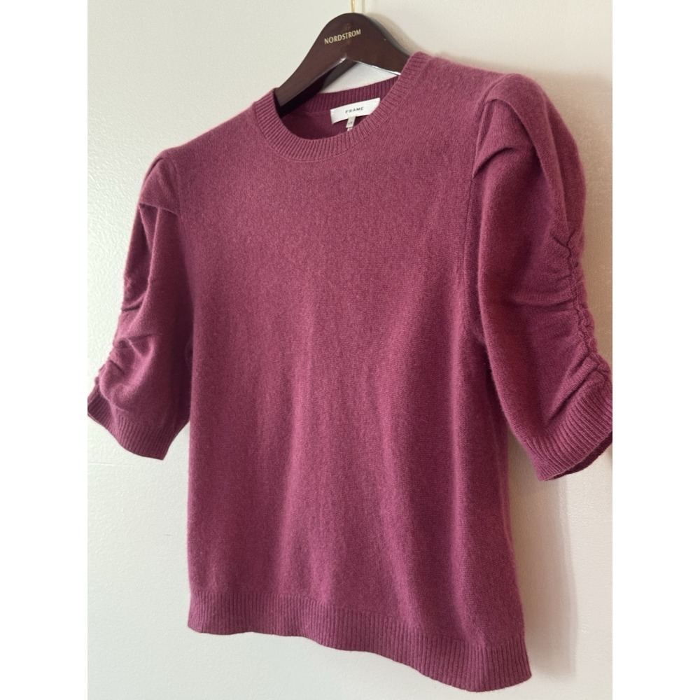 FRAME Ruched Sleeve 100% Cashmere Cropped Sweater in Dragon Fruit Pink Large - Picture 8 of 11